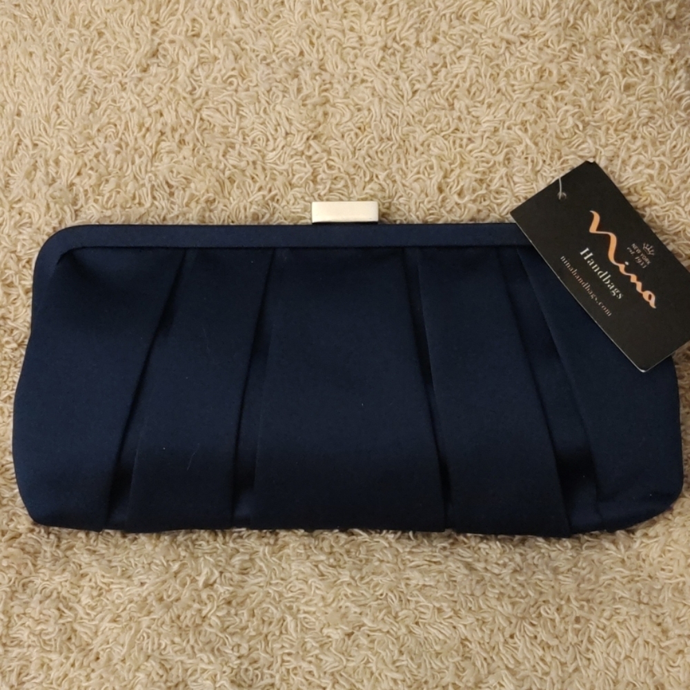 New Navy Pleated Satin Clutch